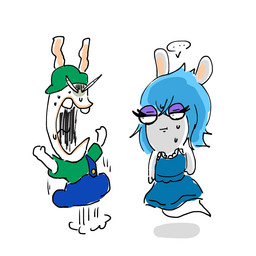 anthro bangs black_eyes blue_clothing blue_dress blue_hair blue_overalls bodily_fluids buckteeth button_(fastener) clothed clothed_anthro clothed_female clothed_male clothing derp_eyes dress duo ellipsis eyelashes female female_anthro flat_chested fully_clothed fully_clothed_anthro fully_clothed_male fur green_clothing green_hat green_headwear green_shirt green_topwear hair half-closed_eyes hat headgear headwear jumping legless long_ears long_hair looking_at_another male male_anthro midair mitten_hands mouth_closed narrowed_eyes nervous nervous_sweat noseless open_mouth overalls purple_eyelids scared shirt sideways_hat simple_background squint sweat sweaty_face tan_eyelids tan_inner_ear teeth topwear white_background white_body white_fur osirisky mario_bros mario_plus_rabbids_kingdom_battle mario_plus_rabbids_sparks_of_hope nintendo raving_rabbids rayman_(series) ubisoft midnite_(mario_plus_rabbids) rabbid_luigi ghost hybrid lagomorph mammal rabbid spirit 1:1 2022 colored crossover digital_drawing_(artwork) digital_media_(artwork) japanese_description shaded
