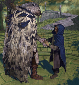anthro bandage beard biped blue_cloak blue_clothing blue_hood boots claws cloak clothing coat detailed_background duo facial_hair fangs finger_claws footwear fur grey_body grey_fur male outside shoes teeth topwear wounded roamingthrough elden_ring fromsoftware blaidd_(elden_ring) canid canine canis human mammal wolf 2023 digital_media_(artwork) hi_res