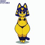 anthro bikini breasts clothing female frown navel simple_background small_breasts solo swimwear symmetry two-piece_swimsuit wide_hips seedy_stitches_(artist) animal_crossing nintendo ankha_(animal_crossing) domestic_cat felid feline felis mammal 1:1 digital_media_(artwork) pixel_(artwork) shaded simple_shading