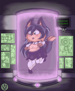 anthro big_butt butt capsule captured clothing female floating hair laboratory laboratory_equipment scientific_instrument short_hair shortstack size_difference smaller_female solo teleportation text linyxart alien canid canine fox mammal animated digital_media_(artwork) english_text