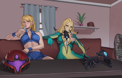 arm_fin armor beverage blonde_hair blue_eyes bodily_fluids bottomwear bubble_tea clothing coffee crown curtains drinking duo female fin gorget green_body green_skin hair head_fin headgear helmet hip_fins iced_coffee jewelry living_room necklace ponytail red_eyes shirt shorts split_form sweat tank_top topwear window yellow_body yellow_skin erzomori league_of_legends metroid nintendo riot_games tencent nami_(lol) samus_aran aquatic human humanoid mammal merfolk absurd_res hi_res