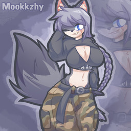 anthro belt blue_eyes bottomwear breasts camo camo_bottomwear camo_clothing camo_pants camo_print cleavage clothed clothing female fluffy fluffy_tail fur grey_body grey_hair hair long_hair looking_at_viewer midriff navel nude pants pattern_bottomwear pattern_clothing pattern_pants scar smile solo tail underwear mookkzhy azra_(vex714) canid canine mammal 1:1 2023 hi_res portrait three-quarter_portrait