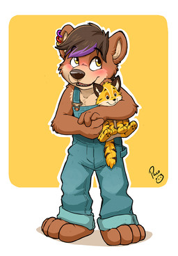 anthro arm_tuft barefoot black_nose blue_clothing blue_overalls brown_body brown_fur brown_hair cheek_tuft clothed clothing ear_piercing ear_ring elbow_tuft facial_tuft feet front_view fur glistening glistening_eyes hair holding_object holding_plushie logo male male_anthro open_mouth open_smile overalls piercing plushie purple_hair ring_piercing short_hair shoulder_tuft smile solo standing tan_body tan_fur tuft yellow_eyes young young_anthro young_male pandapaco bear mammal artist_logo full-length_portrait hi_res portrait signature