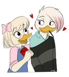 accessory adolescent anatid anseriform anthro avian beak bird bow_ribbon child clothed clothing disney dress_shirt duck ducktales ducktales_(2017) duo eye_contact female female/female food hair_accessory hair_bow hair_ribbon heart_symbol hi_res lena_(ducktales) lena_de_spell looking_at_another lunula_(artist) open_mouth open_smile pattern_clothing pattern_sweater pattern_topwear pocky ribbons romantic shirt smile striped_clothing striped_sweater striped_topwear stripes sweater topwear webby_vanderquack wholesome young