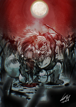 anthro asian_clothing belly blood blood_from_wound bodily_fluids bulge clothing east_asian_clothing full_moon fundoshi hair japanese_clothing jewelry katana long_hair male melee_weapon moon musclegut muscular necklace nipples overweight pecs ponytail solo sword underwear weapon wounded hikoero777 xxl_woofia kagekuni_(xxl_woofia) canid canine mammal raccoon_dog tanuki hi_res