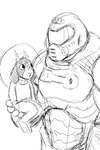 2:3 age_difference armor bovid caprine clothed clothing doom_(series) doom_slayer duo goat halo hi_res hladilnik human id_software male mammal microsoft monochrome simple_background sketch tommy_(hladilnik) young