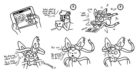after_transformation ambiguous_gender anthro biped clock ear_piercing open_mouth piercing pokemon_speak surprised tablet_computer text thought_bubble transformation remymorph nintendo pokemon remymorph_(character) eeveelution generation_6_pokemon mammal pokemon_(species) procyonid raccoon sylveon 2022 comic digital_drawing_(artwork) digital_media_(artwork) english_text hi_res monochrome sequence story story_in_description nonbinary_(lore)