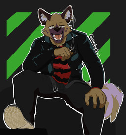 5_fingers anthro belt black_clothing brown_body brown_fur cigarette clothed clothing fingers fur jacket leather leather_clothing leather_topwear looking_at_viewer male multicolored_clothing multicolored_shirt multicolored_topwear open_clothing open_topwear pattern_clothing pattern_shirt pattern_topwear red_clothing red_shirt red_topwear shirt solo striped_clothing striped_shirt striped_topwear stripes topwear nimbysan aggretsuko sanrio haida_(aggretsuko) hyena mammal spotted_hyena 2022 hi_res