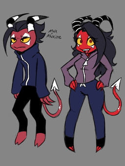 2_horns alternate_species black_hair bottomwear clothed clothing duo eyebrows eyelashes female frown fully_clothed grey_background hair hands_on_hips hoodie hooves horn long_hair male not_furry open_mouth pants red_body red_eyes red_skin short_hair simple_background spade_tail standing tail topwear yellow_sclera omegamax hellaverse helluva_boss horn_(omegamax) maxine_(omegamax) demon humanoid imp 2025 3:4 hi_res brother_(lore) brother_and_sister_(lore) sibling_(lore) sister_(lore)