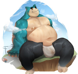 anthro belly blue_body bodily_fluids bottomwear bulge clothed clothing detailed_bulge eyes_always_closed eyes_closed macro male musclegut muscular muscular_anthro muscular_male nipples open_bottomwear open_clothing open_pants overweight overweight_anthro overweight_male pants pecs road sitting sky solo spread_legs spreading sweat translucent translucent_clothing translucent_underwear underbite underwear huzzhuz nintendo pokemon generation_1_pokemon pokemon_(species) snorlax full-length_portrait hi_res portrait