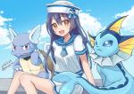 ambiguous_gender blue_body blue_eyes blush brown_eyes clothed clothing cloud female feral group hat headgear headwear looking_at_viewer open_mouth purple_eyes sky tail miyamae_porin nintendo pokemon eeveelution generation_1_pokemon human mammal pokemon_(species) vaporeon wartortle 2018 absurd_res hi_res