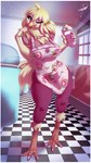 anthro apron beverage big_breasts blonde_hair bottomwear breasts clothing colored_nails curvy_figure cutlery detailed_background eating eye_through_hair eyebrow_through_hair eyebrows eyelashes feathers feet female flower food hair highlights_(coloring) holding_object inside kitchen_utensils light_through_window looking_at_viewer milkshake monotone_body nails one_eye_closed pants pattern_background pattern_clothing pink_highlights pink_nails plant red_clothing red_topwear rose_(flower) shadow simple_background slightly_chubby solo spoon talons thick_thighs toes tools topwear translucent translucent_hair wide_hips wink yellow_body yellow_feathers yoga_pants atokitsune nina_valentine_(crimsonthemouse) avian bird chicken galliform gallus_(genus) phasianid absurd_res hi_res