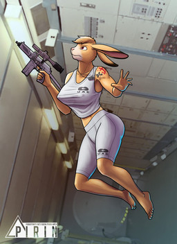 5_toes 9a-91 anthro anthrofied barefoot bottomwear breasts clothing cross dog_tags feet female floating fur gun hair holding_gun holding_object holding_ranged_weapon holding_weapon nipple_outline plantigrade ranged_weapon red_eyes shirt shorts solo tank_top tattoo toes topwear weapon zero_gravity pirin-apex doom_(series) id_software microsoft daisy_(doom) lagomorph leporid mammal rabbit hi_res