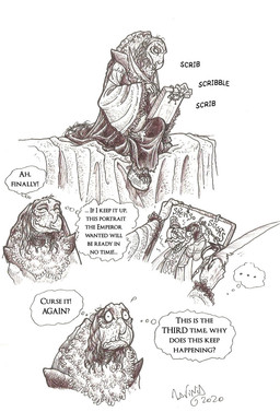 anthro beak elderly fangs gown humor loose_feather multi_limb quill renaissance_architecture renaissance_clothing speech_bubble teeth text skekla_(artist) the_dark_crystal skekla_the_illustrator skekso_the_emperor alien skeksis comic english_text hi_res herm_(lore)