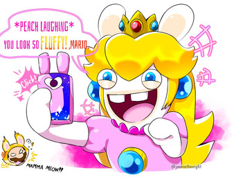 amused anthro bent_arm blonde_hair blue_ear_piercing blue_eyes blue_pupils brown_facial_hair brown_mustache buckteeth cellphone clothed clothed_anthro clothed_female clothing crown dialogue disembodied_head duo ear_piercing electronics facial_hair female fur furrowed_eyebrows gem hair headgear holding_cellphone holding_object holding_phone light long_ears long_hair male male_human mitten_hands multicolored_body mustache name_in_dialogue noseless offscreen_character offscreen_human offscreen_male open_mouth open_smile phone piercing pink_clothing pink_shirt pink_tongue pink_topwear pupils ruby_(gem) sapphire_(gem) shirt simple_background smartphone smile speech_bubble taking_picture tan_body tan_eyelids tan_inner_ear tan_skin teeth text tongue topwear two_tone_body white_body white_fur yellow_costume yellow_outfit jooniethenight mario_bros mario_plus_rabbids_kingdom_battle nintendo raving_rabbids rayman_(series) super_mario_3d_world the_super_mario_bros_movie ubisoft cat_mario mario rabbid_peach human lagomorph mammal rabbid 2023 4:3 artist_name colored crossover digital_drawing_(artwork) digital_media_(artwork) english_description english_text half-length_portrait lighting portrait shaded