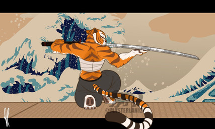 anthro bottomwear chest_wraps clothing female fur logo looking_at_viewer looking_back markings melee_weapon muscular muscular_female painting_(object) pants solo striped_body striped_fur striped_markings striped_tail stripes sword tail tail_markings text weapon wraps masterlan12 dreamworks kung_fu_panda master_tigress felid mammal pantherine tiger 5:3 artist_logo artist_name signature