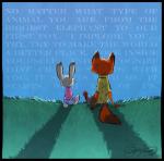 anthro arm_support black_border border clothed clothing duo female fully_clothed fur gloves_(marking) grass grey_body grey_fur male markings multicolored_body multicolored_fur orange_body orange_fur plant rear_view shadow sitting text byron_howard disney zootopia judy_hopps nick_wilde canid canine fox lagomorph leporid mammal rabbit red_fox true_fox 2018 english_text hi_res signature