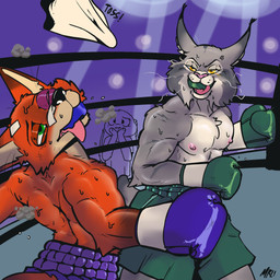 anthro bodily_fluids boxing boxing_gloves bruised bruised_eye clothing duo eye_glint female fight fighting_ring handwear licking licking_lips male muscular muscular_anthro muscular_male sport sweat text tongue tongue_out fellowthewulf disney zootopia judy_hopps nick_wilde pawbert_lynxley canada_lynx canid canine european_rabbit felid feline fox lagomorph leporid lynx mammal oryctolagus rabbit red_fox true_fox 1:1 2026 digital_media_(artwork) english_text hi_res