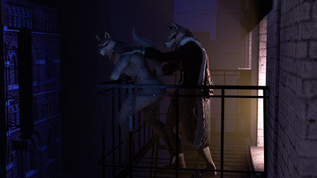 anthro balcony dim_lighting duo male male/male night selfcest square_crossover anonymous_artist epic_games fortnite fletcher_kane canid canine canis mammal wolf blender_(artwork) blender_eevee_(artwork) digital_media_(artwork) hi_res