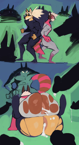 anthro anus bad_end big_butt bodily_fluids butt clothing cum cum_in_ass cum_inside defeat_sex defeated_hero genital_fluids group male male/male party_wipe wardrobe_malfunction jojobiz canid canine canis mammal procyonid raccoon wolf absurd_res comic hi_res