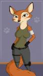 anthro bag belt bottomwear breasts clothing female looking_at_viewer pants shirt smile solo topwear skateryena spark:_a_space_tail vix_(a_space_tail) canid canine fox mammal 2017 hi_res