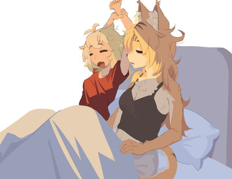 anthro bed blonde_hair chest_tuft duo female female/female furniture hair inner_ear_fluff markings multicolored_body striped_markings stripes tuft two_tone_body waking_up mangedugruau mihoyo zenless_zone_zero burnice_white pulchra_fellini felid human mammal