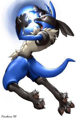 action_pose anthro attack aura_sphere black_body black_fur blue_body blue_fur feet fight fur hindpaw male paws pokemon_move pose red_eyes solo tail yellow_body yellow_fur karabiner nintendo pokemon canid canine generation_4_pokemon lucario mammal pokemon_(species) 2005 hi_res
