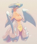 anthro anthrofied black_sclera blush breasts featureless_breasts featureless_crotch female pupils sharp_teeth simple_background slit_pupils small_waist solo spikes spikes_(anatomy) tail teeth thick_tail thick_thighs wide_hips yellow_eyes diagamon nintendo pokemon garchomp generation_4_pokemon pokemon_(species)