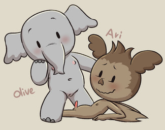 anthro balls black_eyes blush brown_body brown_fur brown_hair brown_nose duo female fur genitals grey_body hair imminent_sex loli looking_at_viewer lying male male/female navel nipples on_back penis pink_penis proboscis_(anatomy) shota small_balls small_penis standing standing_over text trunk_(anatomy) vertical_bar_eyes vulva wavy_mouth wavy_smile winged_arms wings young polygon5 elinor_wonders_why pbs ari_bat olive_elephant bat elephant elephantid mammal proboscidean