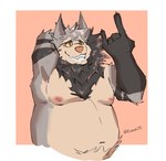 anthro arm_tuft belly big_belly brown_body brown_fur brown_iris brown_stripes cheek_tuft claws devil_horns_(gesture) elbow_tuft facial_tuft fur gesture hair hand_gesture head_tuft inner_ear_fluff male markings moobs multicolored_body multicolored_fur neck_tuft nipples nude orange_nipples orange_nose overweight overweight_anthro overweight_male shoulder_tuft simple_background smile solo striped_body striped_fur striped_markings striped_tail stripes tail tail_markings teeth tuft ericksh010 silver_thornfield domestic_cat felid feline felis maine_coon mammal half-length_portrait hi_res portrait