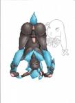 anthro anus bent_over black_body black_fur blue_body blue_fur butt femboy foreskin fur genitals male nude penis piercing simple_background solo x-naughtybunny-x lagomorph leporid mammal rabbit anne_(disambiguation) watermark