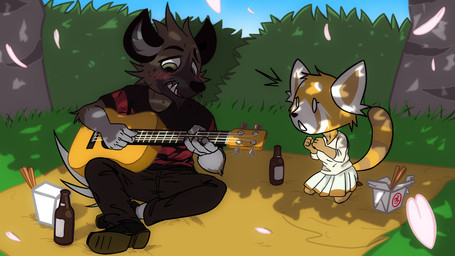 acoustic_guitar alcohol anthro bass_guitar beverage casual_clothing detailed_background duo female guitar male male/female musical_instrument nature petals picnic plant plucked_string_instrument string_instrument tree wide_eyed skulpin aggretsuko sanrio haida_(aggretsuko) retsuko ailurid hyena mammal red_panda spotted_hyena 16:9 widescreen