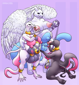 anthro chastity_cage chastity_device collar female group gynomorph intersex leash leash_pull leashed_collar multiple_pregnancies navel navel_piercing piercing pregnant pregnant_anthro pregnant_female pregnant_gynomorph pregnant_intersex trio wings afoxywitch nintendo pokemon generation_1_pokemon generation_7_pokemon legendary_pokemon mewtwo pokemon_(species) salazzle absurd_res hi_res