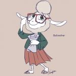 2_toes anthro bottomwear clothed clothing eyewear feet female fur glasses green_eyes paper simple_background skirt smile solo tan_background text toes wool_(fur) yuki_kusama disney zootopia dawn_bellwether bovid caprine domestic_sheep mammal sheep 1:1 2018 absurd_res character_name colored_sketch hi_res signature sketch