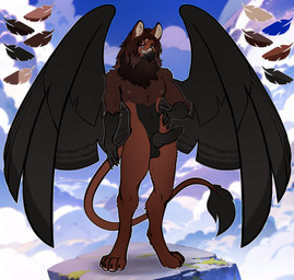 anthro back_wings balls beak black_body blue_eyes brown_body brown_fur claws erection feathered_wings feathers fur genitals hair inner_ear_fluff looking_at_viewer male mane nipples nude paws penis smile solo tail tail_tuft tuft wings aridolena mythology alekdagryph avian gryphon mythological_avian mythological_creature absurd_res digital_drawing_(artwork) digital_media_(artwork) hi_res model_sheet