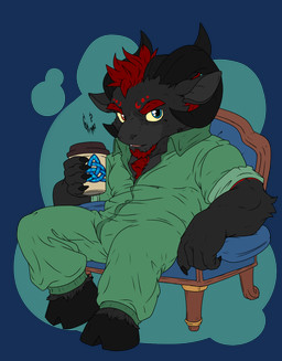 anthro beverage biped blue_eyes chibi clothing coffee hooves horn male male_anthro muscular overalls red_eyes sitting solo hunterramirez chaze_(hunterramirez) bovid caprine chimera mammal sheep hi_res