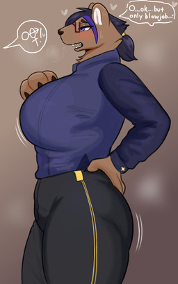 anthro big_breasts black_hair blush bodily_fluids breasts breath brown_background clothed clothed_anthro clothed_female clothing dialogue eyewear female female_symbol fingers gender_symbol gender_symbol_penetration glasses hair half-closed_eyes hand_on_hip heart_symbol huge_breasts humanoid_hands inviting_to_sex legs_together lewd_symbolism long_hair male/female_symbol male_symbol narrowed_eyes offering_sex open_mouth requesting sex_request sexuality_symbol shy side_view simple_background solo sweat sweatdrop symbol text sijimmy456 bear mammal absurd_res colored english_text hi_res portrait shaded three-quarter_portrait