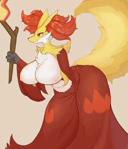 4_fingers anthro anthrofied belly big_breasts big_tail biped blush blush_lines breasts cheek_tuft chest_tuft facial_tuft female fingers fire fluffy fluffy_tail fur holding_object holding_weapon huge_breasts inner_ear_fluff long_tail nipples orange_eyes orange_inner_ear_fluff orange_nose pokemorph red_body red_fur red_inner_ear_fluff simple_background solo standing tail teeth thick_thighs tuft weapon white_body white_fur yellow_body yellow_fur yellow_tail hizakatamaru nintendo pokemon delphox generation_6_pokemon pokemon_(species) 2025 hi_res