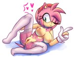 anthro anus areola big_breasts breasts clothing female genitals gesture hair legwear nipples one_eye_closed pink_hair presenting presenting_pussy pussy raised_leg shadow simple_background solo spread_legs spreading tan_areola tan_nipples white_background demichan sega sonic_the_hedgehog_(series) amy_rose eulipotyphlan hedgehog mammal hi_res