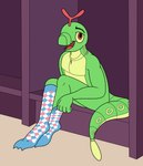 anthro blue_clothing blue_footwear blue_socks clothing cross footwear green_body jewelry looking_at_viewer male necklace open_mouth pink_clothing pink_footwear pink_socks religious_neckwear sitting sock_fetish socks solo aaron_amethyst nintendo pokemon chance_(aaron_amethyst) caterpie generation_1_pokemon pokemon_(species) absurd_res hi_res