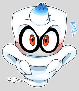 blue_hair blush clothing floating_head_creature hair hat headgear headwear looking_at_viewer multicolored_hair not_furry simple_background solo text top_hat white_body white_hair doneru mario_bros nintendo super_mario_odyssey cappy_(mario) bonneter ghost spirit hi_res japanese_text