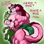 abs anthro big_muscles bodily_fluids clothed clothing crying duo fluffy fluffy_tail fur green_body green_clothing green_fur hair hug huge_muscles hyper hyper_muscles jockstrap jockstrap_only larger_male larger_pet male muscular muscular_male neck_tuft pink_arms pink_body pink_fur pink_nose pink_tail simple_background size_difference smaller_male tail tears text topless tuft underwear underwear_only fujiyama_samoyed yanbara_(fujiyamasamoyed) alaskan_malamute canid canine canis domestic_cat domestic_dog felid feline felis mammal nordic_sled_dog spitz himbo 1:1 digital_media_(artwork) english_text