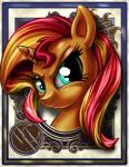 blonde_hair border female green_eyes hair horn looking_at_viewer moon multicolored_hair ornate_border portrait_(object) red_hair smile solo sun two_tone_hair harwick equestria_girls hasbro my_little_pony mythology sunset_shimmer_(eg) equid equine mammal mythological_creature mythological_equine unicorn 2013 bust_portrait portrait