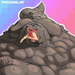 abdominal_bulge ambiguous_gender belly big_belly big_butt bodily_fluids butt female feral feral_pred huge_belly huge_butt human_prey hyper hyper_belly long_tongue mass_vore multiple_prey neck_bulge open_mouth oral_vore saliva sharp_teeth tail teeth tongue vore pivoiacher dinosaur human mammal prehistoric_species reptile scalie 1:1 hi_res