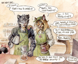 5_fingers anthro apron barista beverage black_clothing black_shirt black_topwear blonde_hair brown_body brown_fur claws clothed clothed_anthro clothed_female clothed_male clothing coffee dialogue duo ear_piercing female fingers fully_clothed fully_clothed_anthro fully_clothed_female fully_clothed_male fur green_apron green_clothing green_hat green_headwear grey_body grey_fur hair hand_on_shoulder hat headgear headwear lgbt_pride looking_at_another male piercing pink_claws pointy_ears pouring_liquid prick_ears pride_colors rainbow_flag rainbow_pride_flag rainbow_symbol reassuring shirt speech_bubble spots standing tail text topwear white_clothing white_shirt white_topwear akatan_art felid mammal pantherine snow_leopard english_text hi_res painting_(artwork) traditional_media_(artwork) traditional_painting_(artwork) traditional_watercolor_(artwork) watercolor_(artwork)