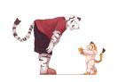 anthro bottomwear clothed clothing duo eyes_closed fangs fully_clothed fur leucistic male markings open_mouth shorts simple_background standing striped_body striped_fur striped_markings striped_tail stripes tail tail_markings teeth white_background young young_anthro lowerkuo felid mammal pantherine tiger 2018