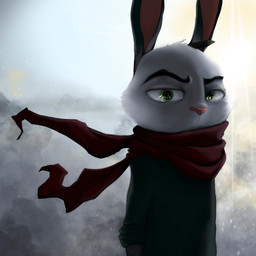 anthro clothed clothing fur green_eyes grey_body grey_fur head_tuft light looking_at_viewer pink_nose scarf solo sun tuft florenze lagomorph leporid mammal rabbit 1:1 2020 half-length_portrait hi_res lighting portrait