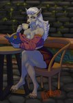 anthro beverage book bottomwear breasts cafe claws clothing coffee container crossed_legs cup drinking female long_sleeves miniskirt paws reading reading_book red_eyes skirt solo toe_claws topwear tube_top flabberd blizzard_entertainment mythology warcraft eddie_(flabberd) canid canine canis mammal mythological_canine mythological_creature werecanid werecanine werecreature werewolf wolf worgen hi_res