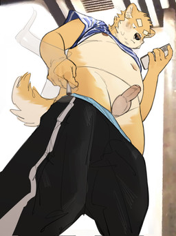 anthro balls belly black_bottomwear black_clothing black_pants bodily_fluids bottomwear bottomwear_down cellphone cigarette clothed clothing electronics erection foreskin genitals humanoid_genitalia humanoid_penis looking_at_cellphone looking_at_object looking_at_phone looking_down low-angle_view male navel nipples overweight overweight_male pants pants_down partially_clothed penis phone raised_clothing raised_topwear shirt solo sweat t-shirt three-quarter_view topwear unretracted_foreskin djtaka canid canine canis domestic_dog mammal colored hi_res sketch