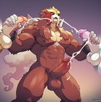 abs anthro balls barazoku biceps big_muscles big_pecs bodily_fluids brown_body brown_fur cuffs_(clothing) cum cumshot digital_media_(artwork) disembodied_penis ejaculating_on_another ejaculation entei fur generation_2_pokemon genital_fluids genitals glans hair hand_on_penis hands-free hi_res humanoid_genitalia humanoid_penis legendary_pokemon looking_at_viewer male male/male mammal muscular muscular_anthro muscular_male nintendo nipples nude open_mouth pecs penis pokemon pokemon_(species) raikou red_eyes simple_background solo_focus suicune voviat